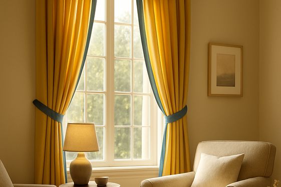 Highlighting Yellow Curtains with Blue Trim illustration