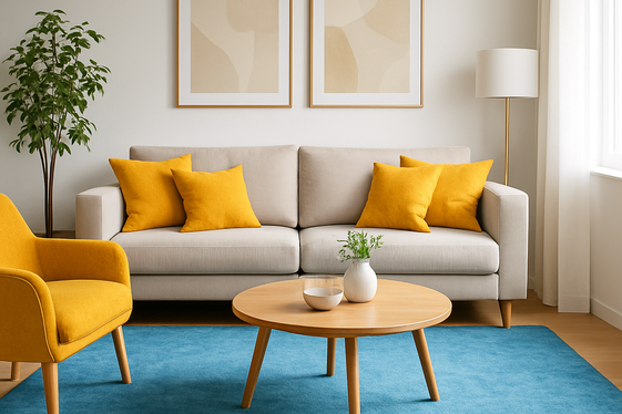 Creating Contrast with Sky Blue Rugs and Golden Yellow Cushions illustration
