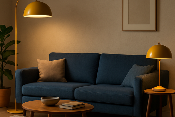 Integrating Vintage Yellow Lamps with Modern Blue Sofas illustration