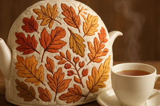 Embroidered Autumn Tea Cozies for Hot Drinks illustration