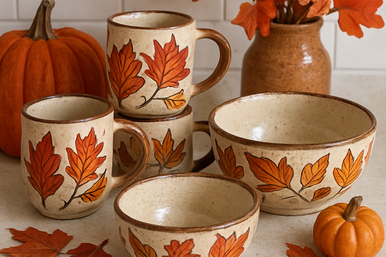 Seasonal Pottery Cups and Bowls with Fall Motifs illustration