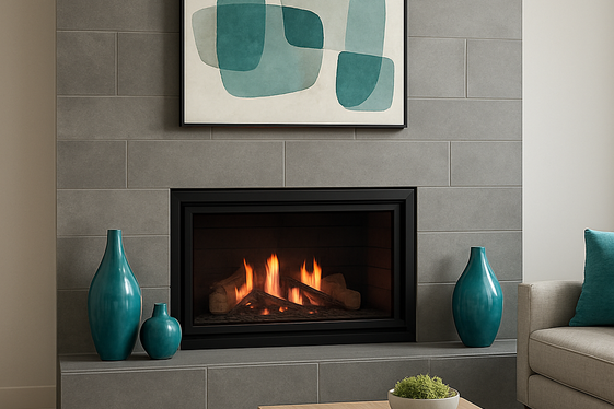 Modern Fireplace Styling with Teal and Grey Accents illustration
