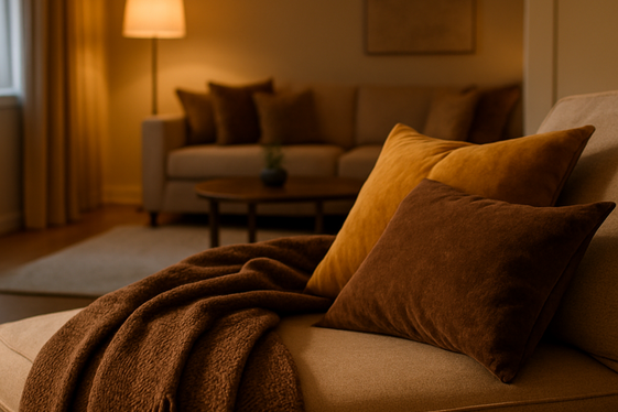Layering Brown and Gold Bedding in Adjoining Living Areas illustration