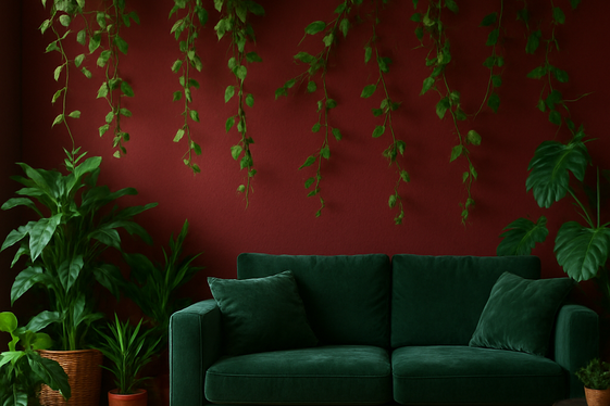 Dark Red Walls Blended with Botanical Greenery illustration
