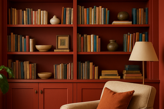 Dark Red Walls with Built-in Bookshelves illustration