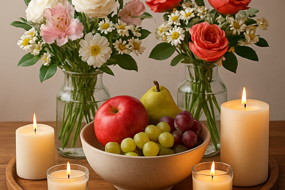Combination Centers with Flowers, Fruits, and Candles illustration
