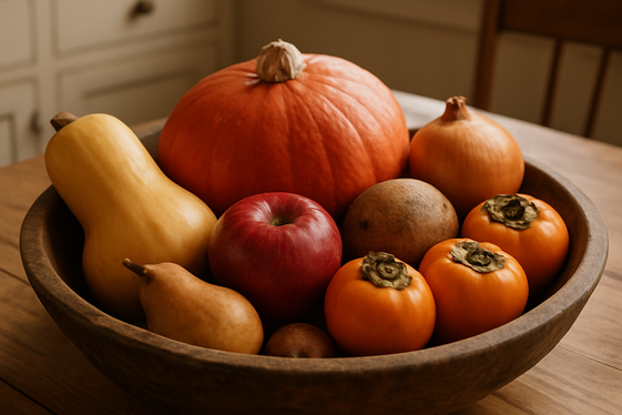 Rustic Wooden Bowls Filled with Seasonal Produce illustration