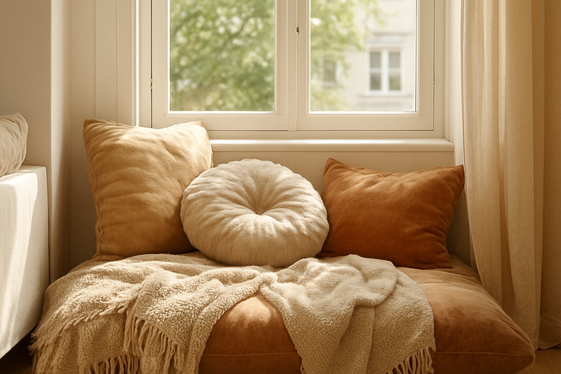 Window Nook with Plush Floor Cushions and Layered Throws illustration