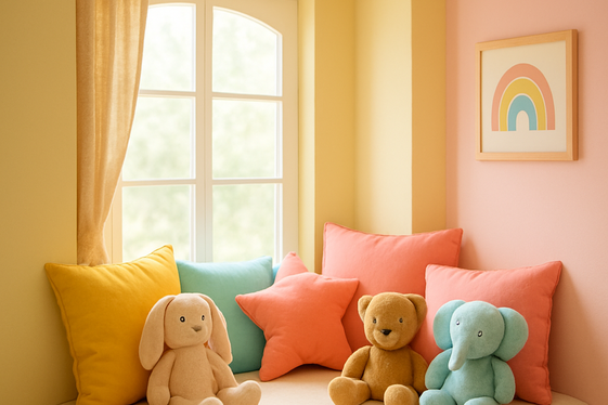 Kids’ Window Nook with Fun Colors and Soft Toys illustration