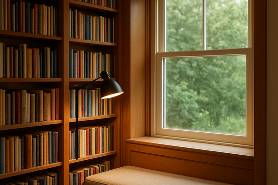 Corner Nook with Built-In Bookshelves and Reading Lamp illustration