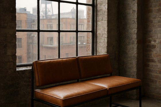 Industrial Style Window Nook with Metal Frames and Leather Pads illustration