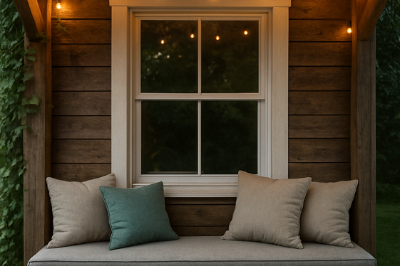 Outdoor Window Nook on a Covered Porch with Weatherproof Cushions illustration