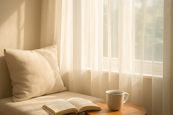 Sunlit Reading Corner with Soft Sheer Curtains illustration
