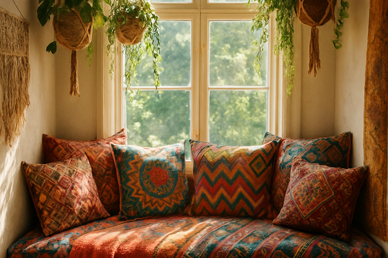 Bohemian Vibes with Patterned Fabrics and Hanging Plants illustration