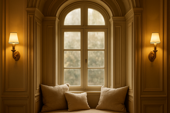 Classic Window Seat with Elegant Moldings and Soft Lighting illustration