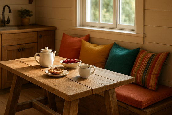 Cozy Breakfast Nooks with Rustic Benches and Cushions illustration