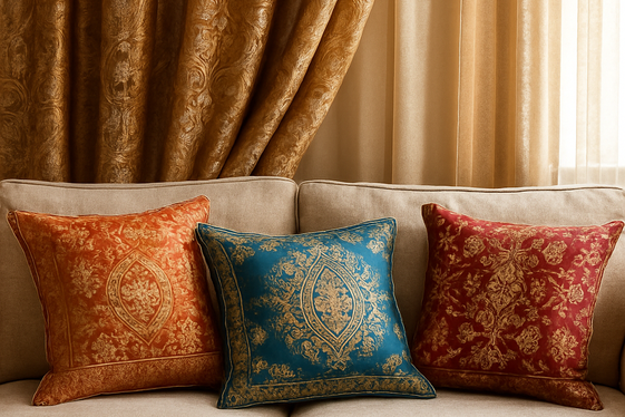 Sari-inspired Throw Pillows and Curtains illustration