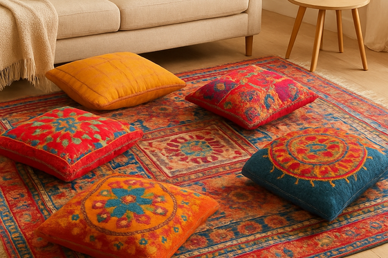 Colorful Indian Rugs and Floor Cushions illustration