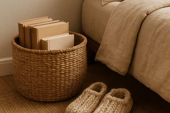 Place a Basket of Books and Cozy Slippers by the Bed illustration
