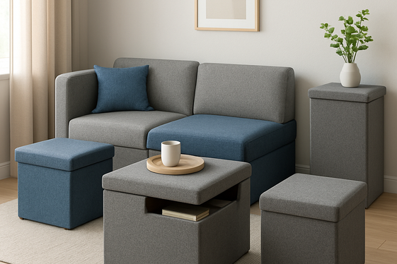 Maximizing Space with Multi-Functional Grey and Blue Furniture illustration