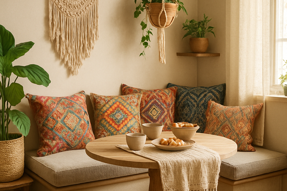 Boho Chic Seating Areas with Colorful Textiles illustration