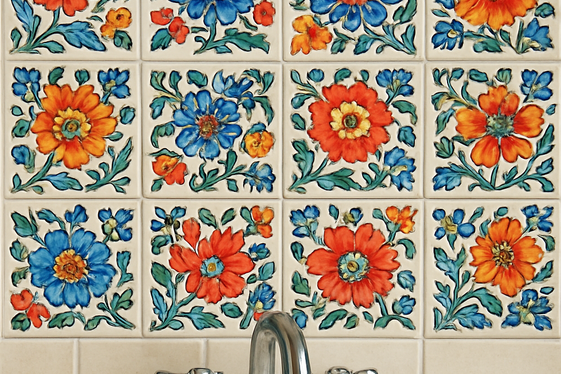 Hand-painted Ceramic Tiles with Floral Designs illustration