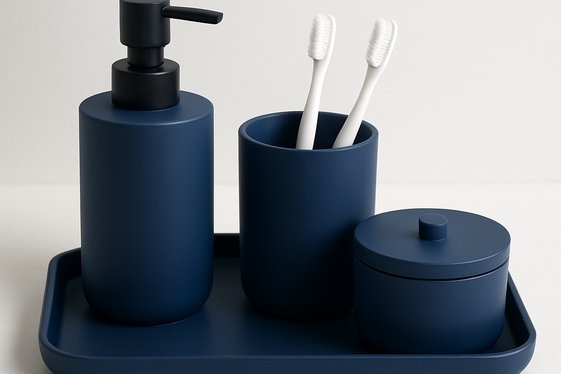 Accessorize with Navy Blue Soap Dispensers and Trays illustration