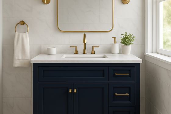 Incorporate Navy Blue Vanity Cabinets for Depth illustration