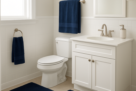 Add Navy Blue Accents with Towels and Rugs illustration