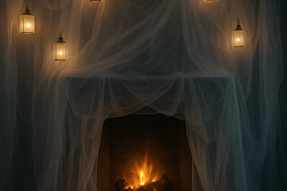 Ghostly Drapes and Floating Lanterns illustration