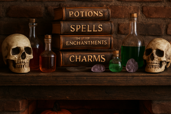 Spooky Spell Books and Potion Bottles illustration