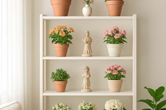 Decorating Shelves with Flower Pots and Statues illustration