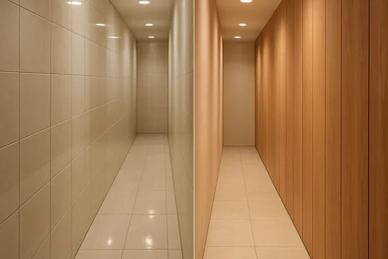 Glossy Tiles vs. Wooden Panels in Narrow Hallways illustration