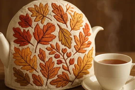 Embroidered Autumn Tea Cozies for Hot Drinks illustration