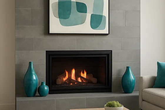 Modern Fireplace Styling with Teal and Grey Accents illustration