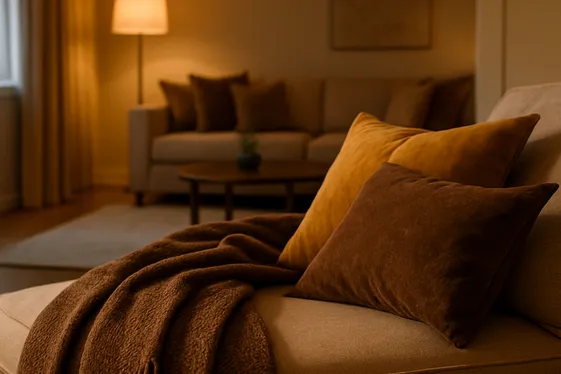 Layering Brown and Gold Bedding in Adjoining Living Areas illustration