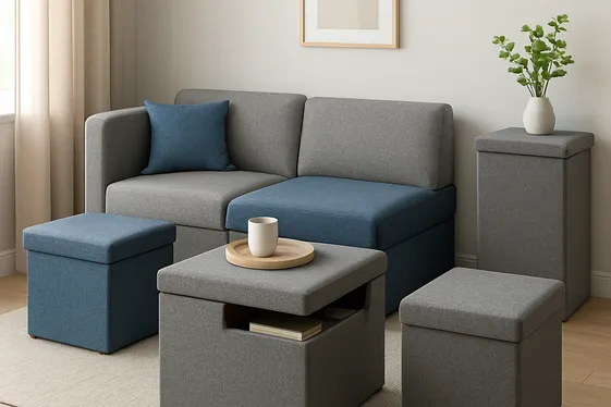Maximizing Space with Multi-Functional Grey and Blue Furniture illustration