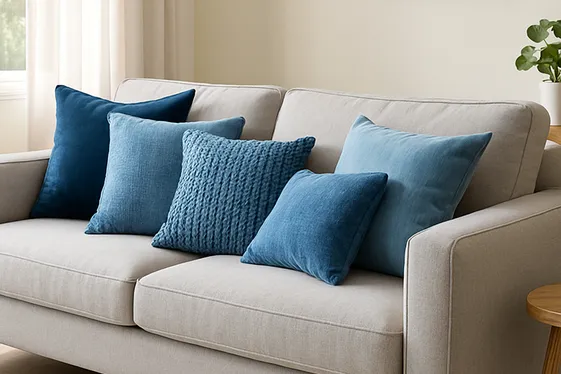 Mixing Grey Upholstery with Blue Decorative Pillows illustration