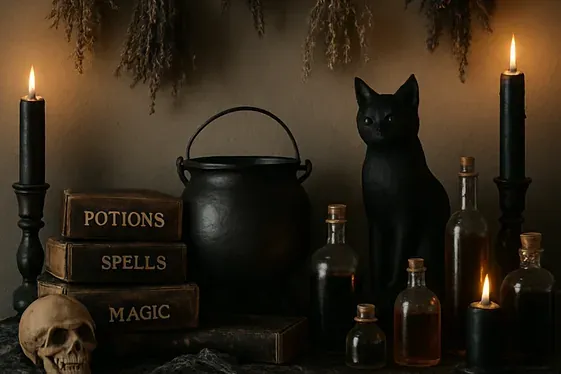 Witchy Accessories and Spellbook Displays illustration