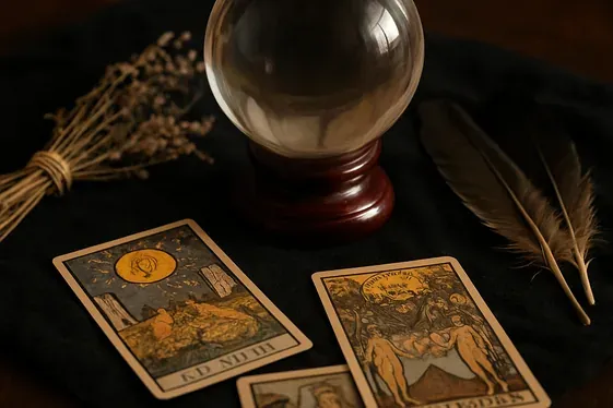 Witchy Crystal Ball and Tarot Setup illustration