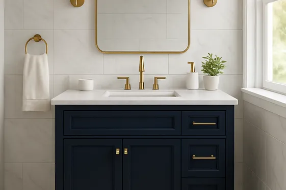 Incorporate Navy Blue Vanity Cabinets for Depth illustration