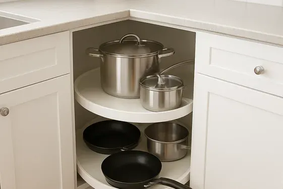 Utilize Corner Space with Lazy Susans or Corner Drawers illustration